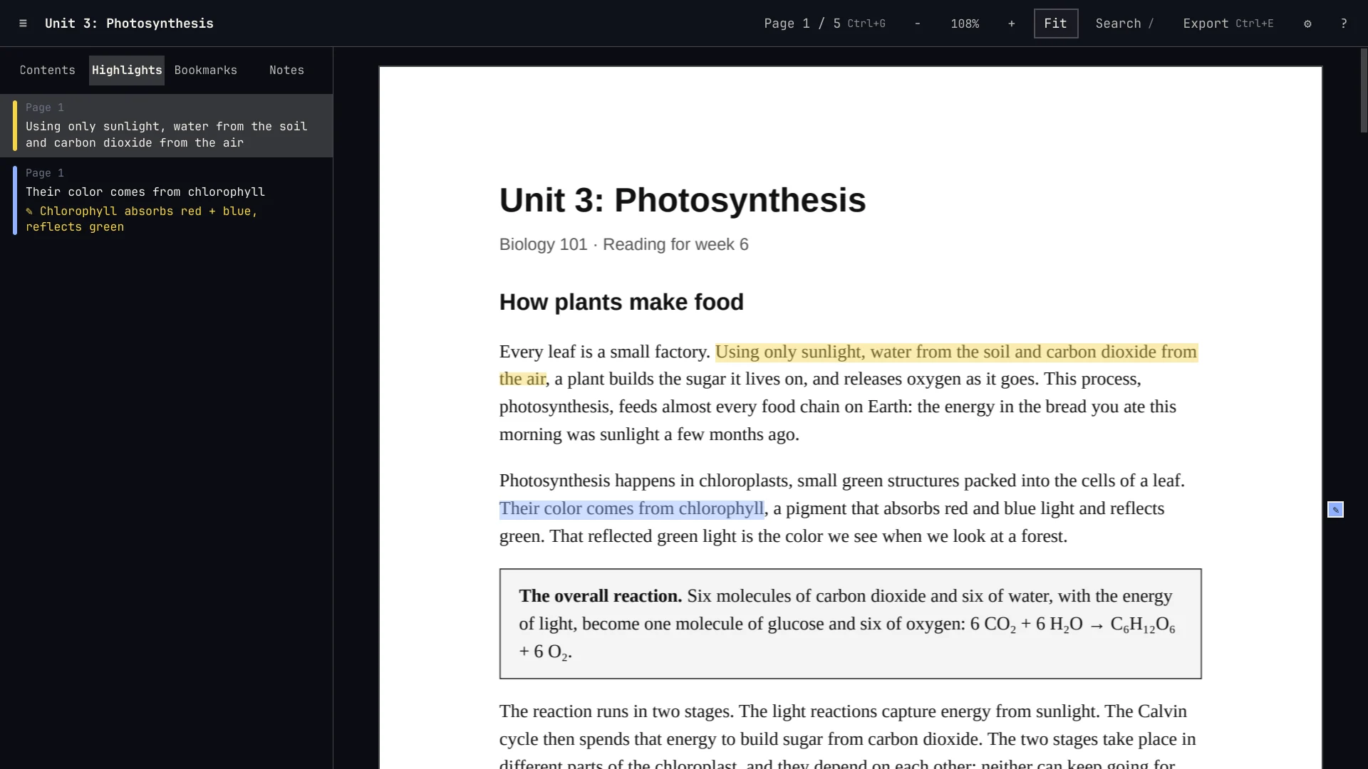 Dogear with a biology handout open: two passages highlighted in yellow and blue, and the sidebar listing both highlights with the note on the second.